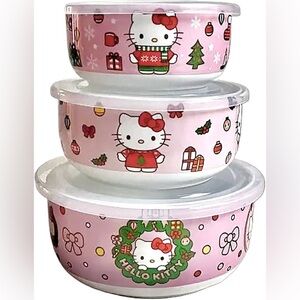 Hello Kity Christmas Food Storage Stacking Bowls Set with Lids Sm/Md/L Bowls NWT